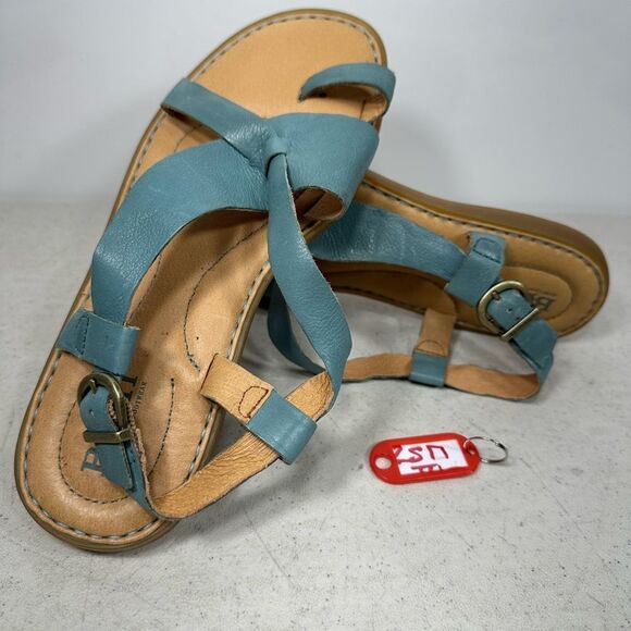 Shoes - BORN Women's Blue Leather Toe Loop Cross Strap CQL20 Sandals Size 7